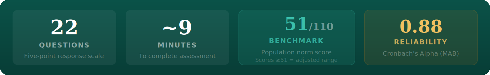 Ageing adjustment assessment facts: 22 questions, approximately 9 minutes, benchmark 51 out of 110, MAB reliability 0.88.