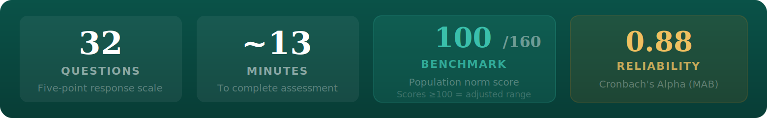 Occupational stress assessment facts: 32 questions, approximately 13 minutes, benchmark 100 out of 160, MAB reliability 0.88.