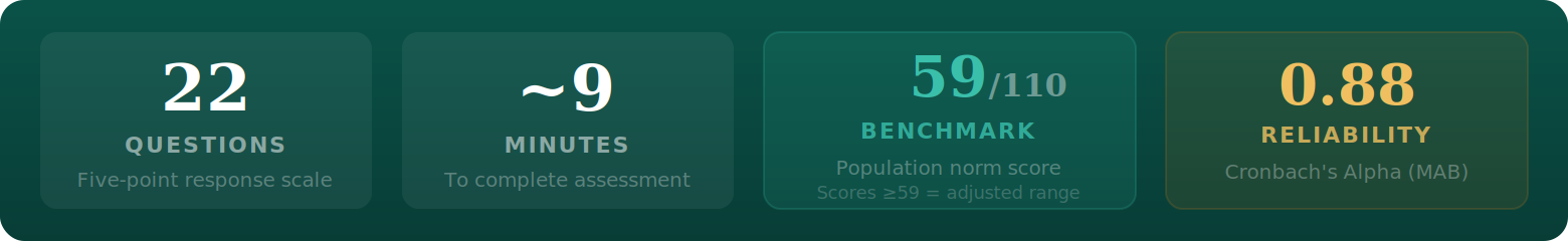 Work-family balance assessment facts: 22 questions, approximately 9 minutes, benchmark 59 out of 110, MAB reliability 0.88.